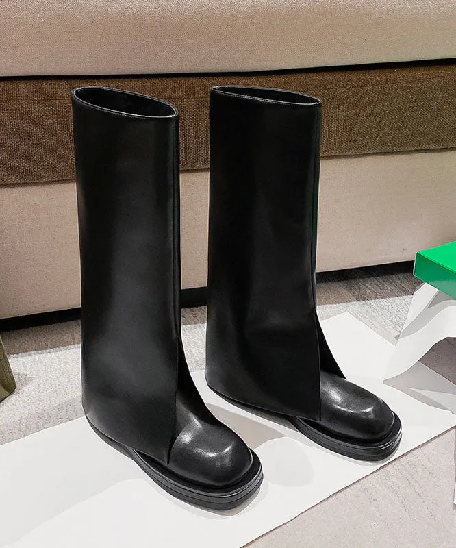 Fashion Splicing Platform Boots Black Cowhide Leather QK065