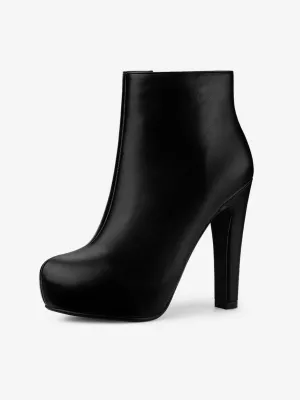 Faux Leather Round Toe Platform Chunky Heel Ankle Boots