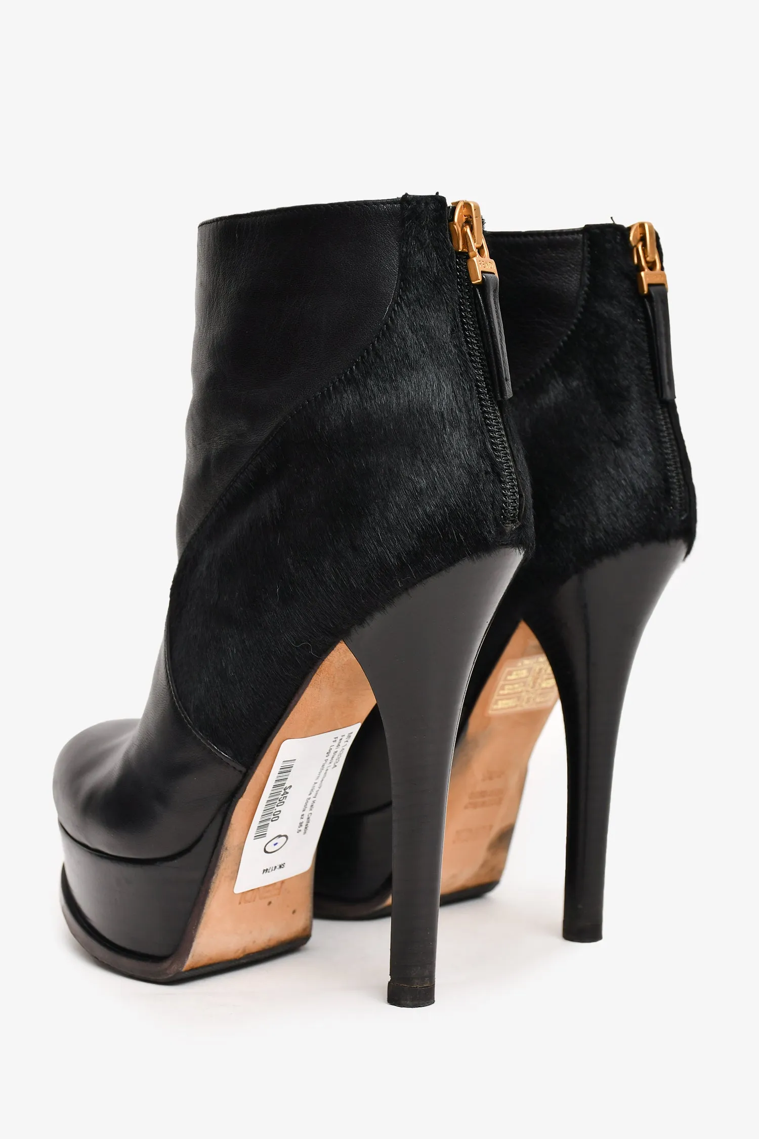 Fendi Black Leather/Pony Hair Calfskin FF Logo Platform Ankle Boots Size 36.5