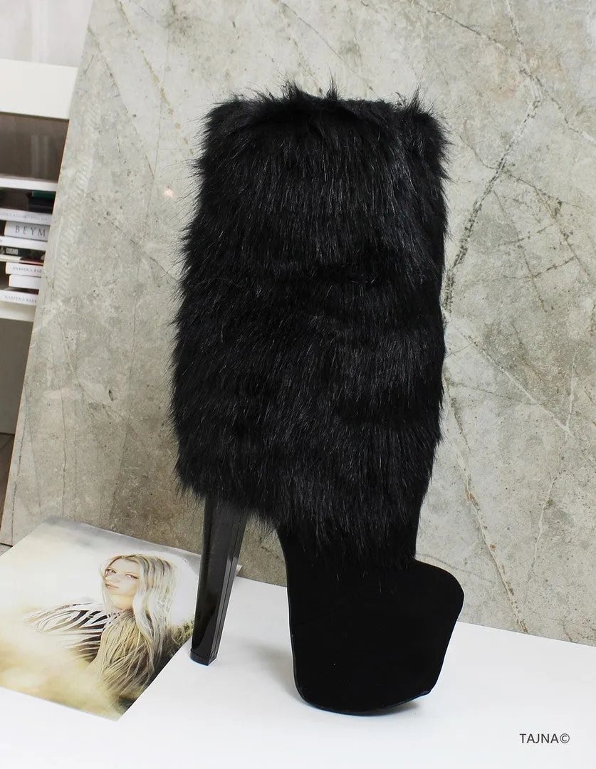 Fur Black Stylish High Heel Boots