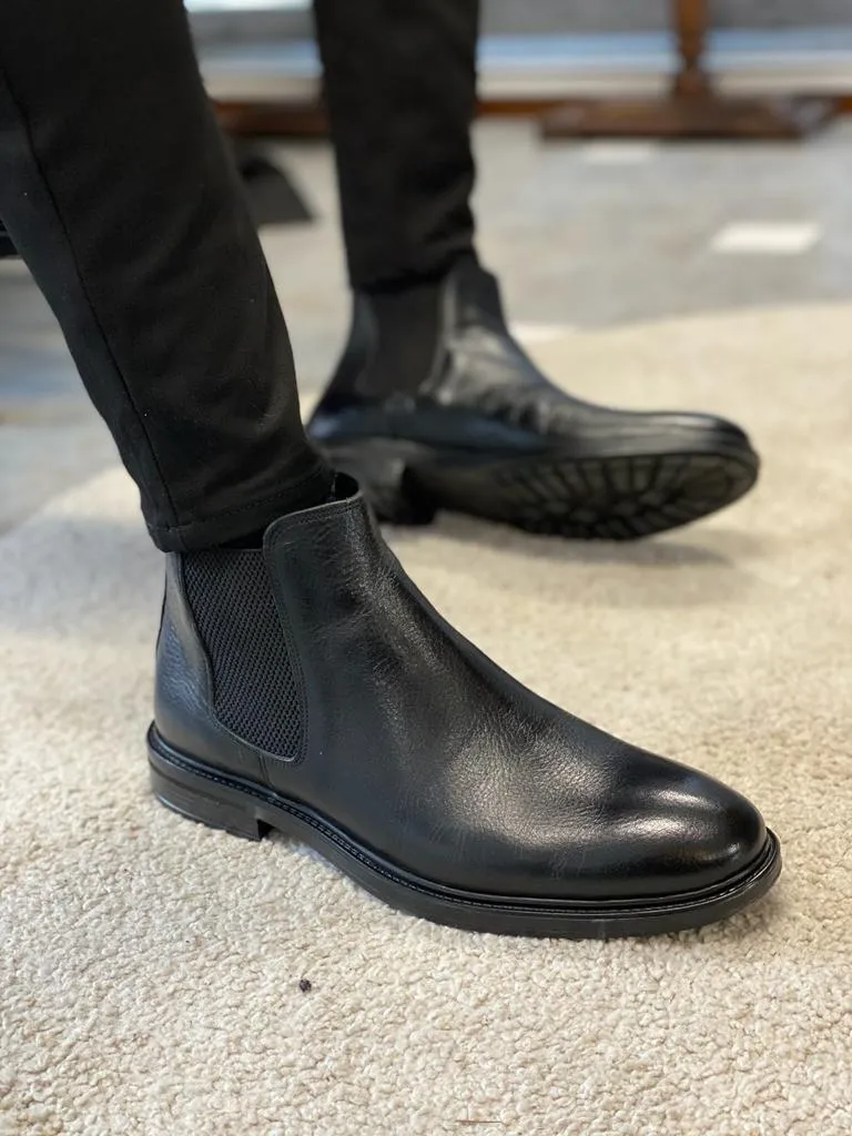 Grant Genuine Leather Rubber Sole Black Chelsea Boots