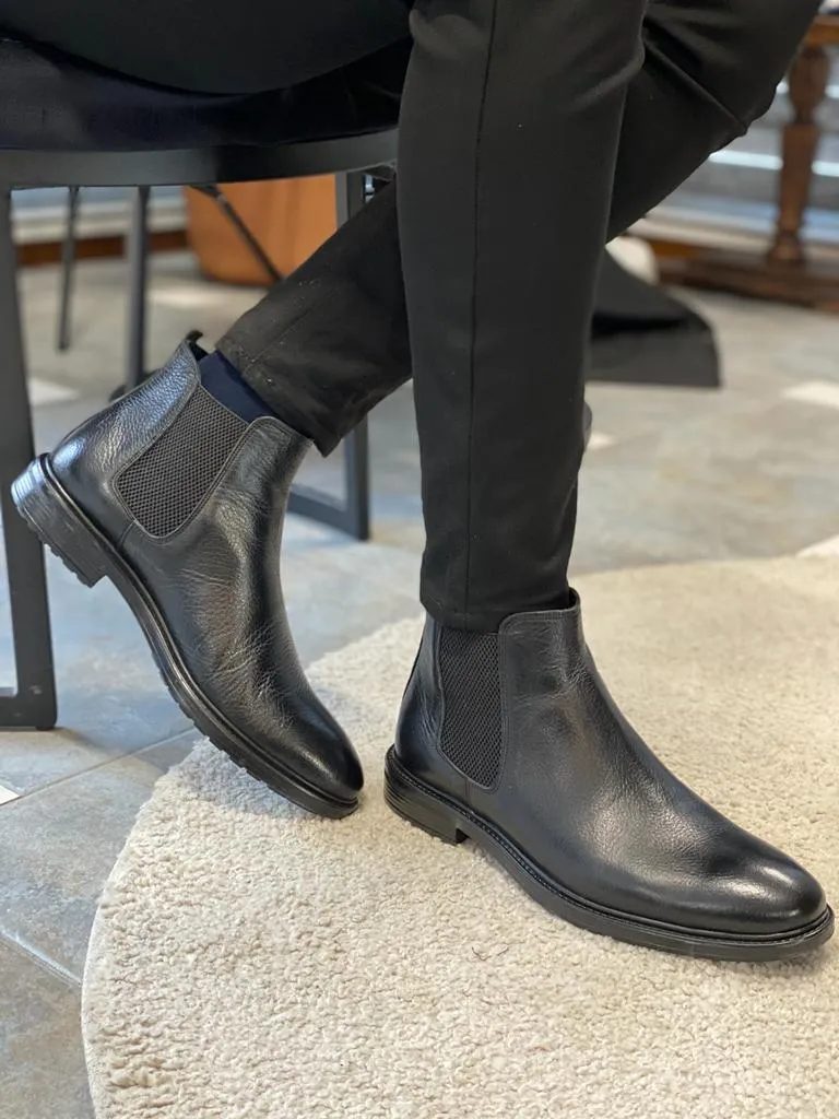 Grant Genuine Leather Rubber Sole Black Chelsea Boots