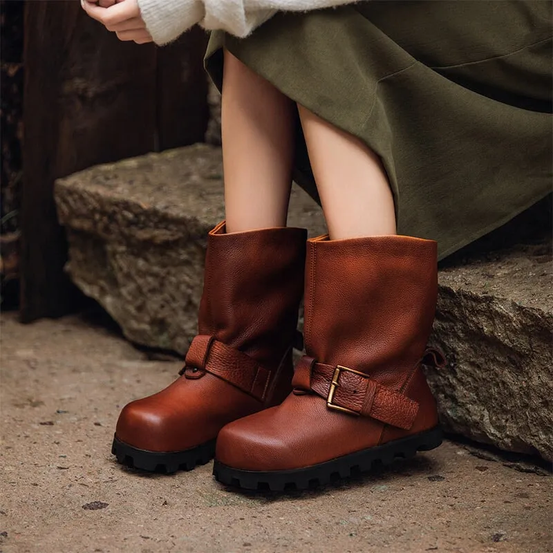 Handcrafted Round Toe Leather Slouch Boots for Women - Fall Collection in Black/Dark Brown