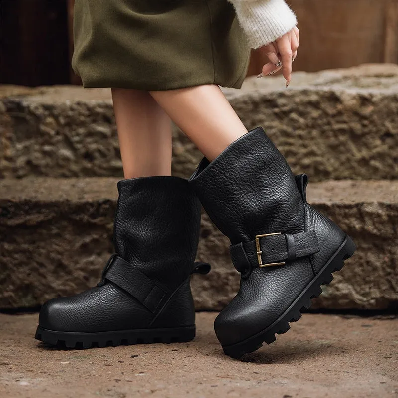 Handcrafted Round Toe Leather Slouch Boots for Women - Fall Collection in Black/Dark Brown