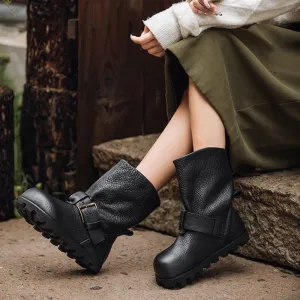 Handcrafted Round Toe Leather Slouch Boots for Women - Fall Collection in Black/Dark Brown