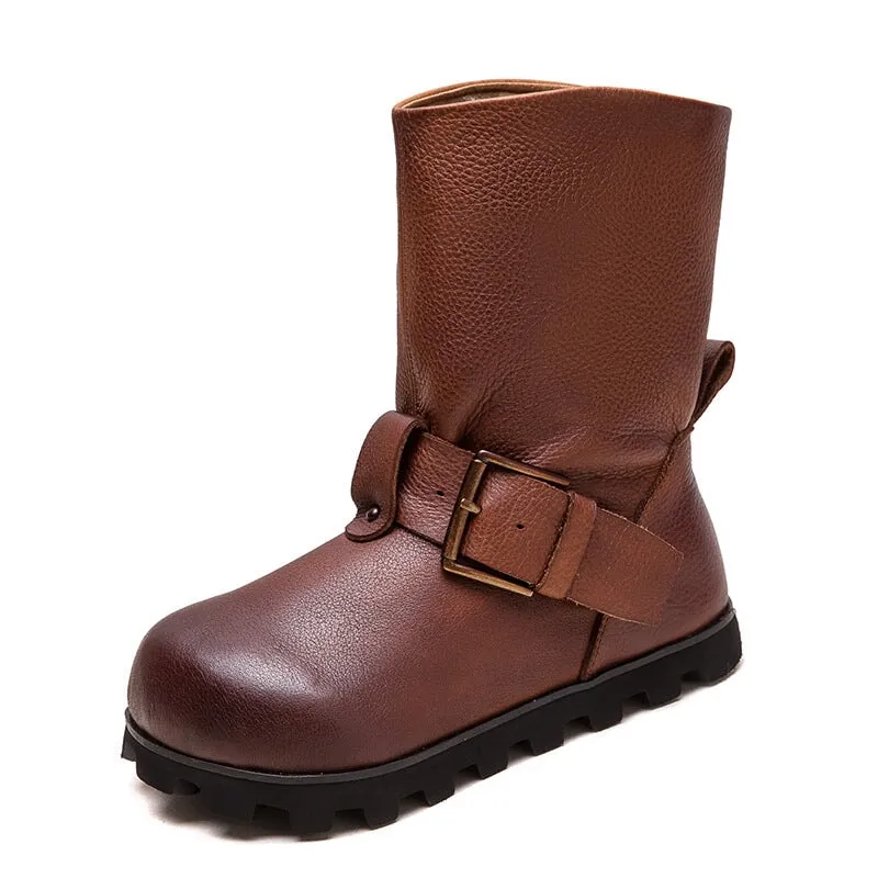 Handcrafted Round Toe Leather Slouch Boots for Women - Fall Collection in Black/Dark Brown