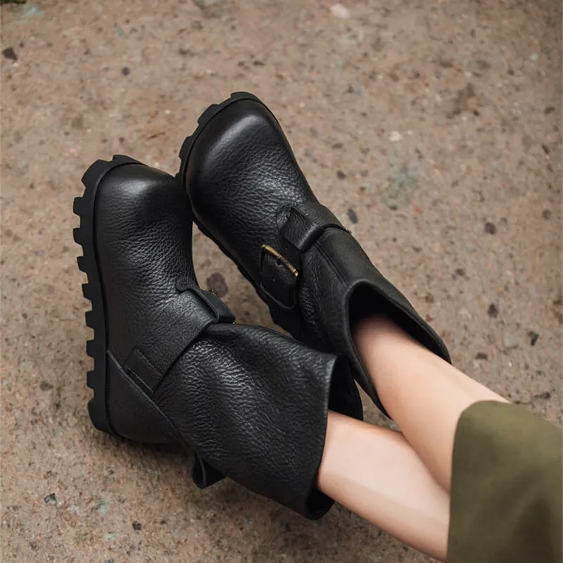 Handcrafted Round Toe Leather Slouch Boots for Women - Fall Collection in Black/Dark Brown