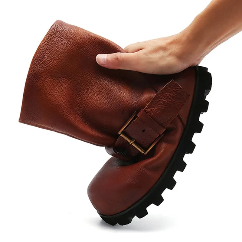Handcrafted Round Toe Leather Slouch Boots for Women - Fall Collection in Black/Dark Brown