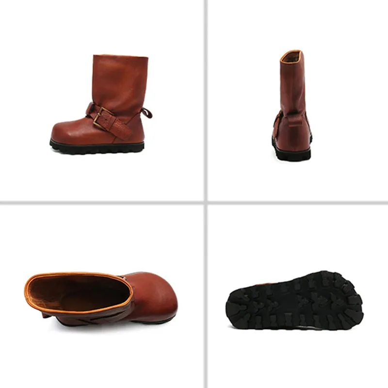 Handcrafted Round Toe Leather Slouch Boots for Women - Fall Collection in Black/Dark Brown