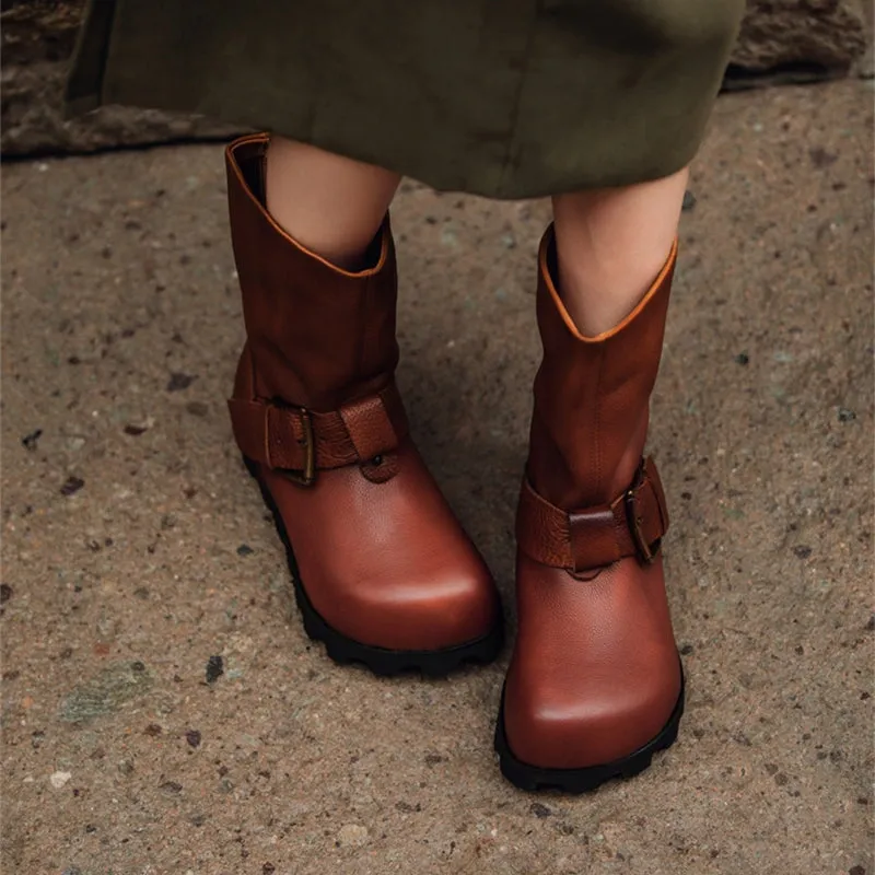 Handcrafted Round Toe Leather Slouch Boots for Women - Fall Collection in Black/Dark Brown
