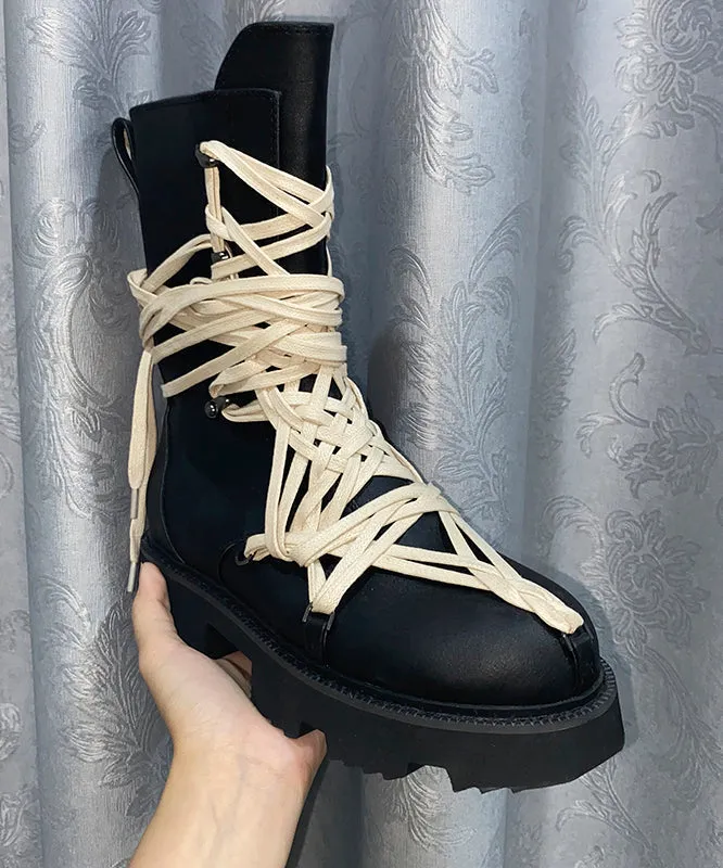 Handmade Cross Strap Platform Boots Black Cowhide Leather OI062