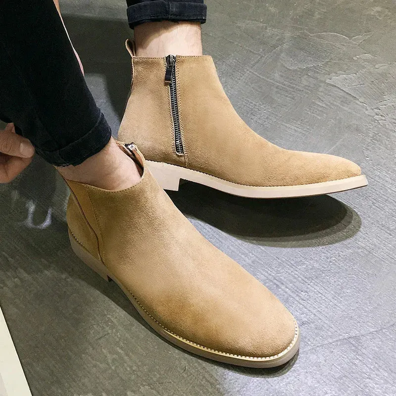 Hnzxzm Men's Classic Retro Chelsea Boots Cow Suede Genuine Leather Men Trendy Ankle Boot Mens Casual Short Boots High-Top Shoes