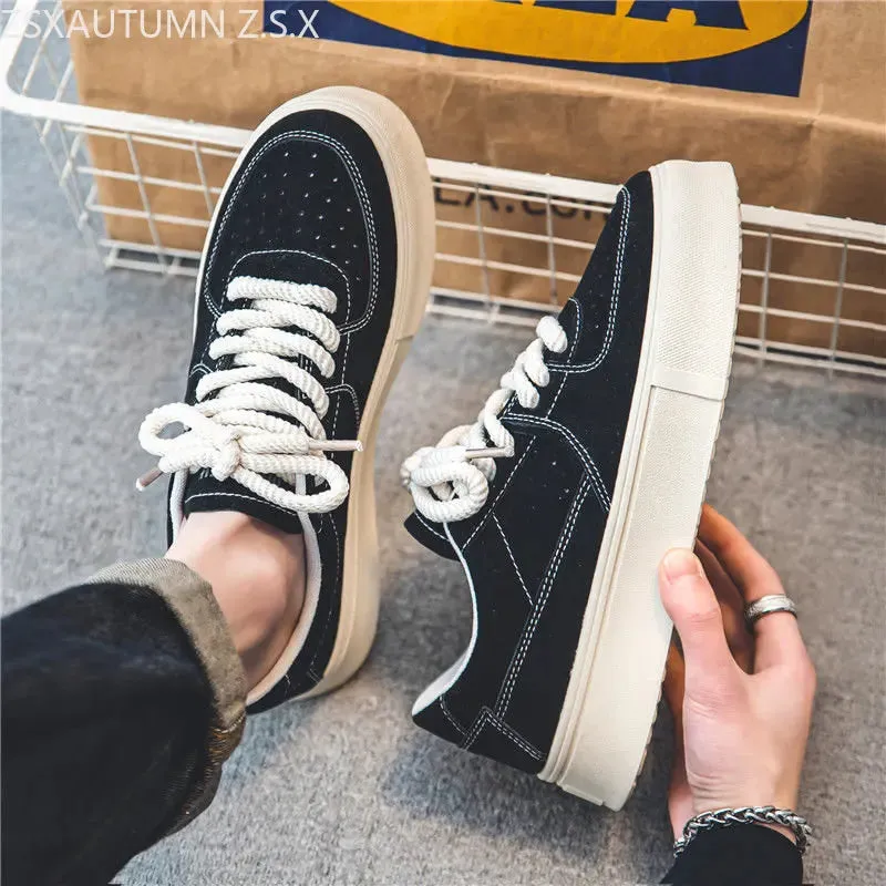 Hnzxzm Sports Casual Shoes Men Thick Bottom Lace Up Sneakers Cow Suede Leather Skateboard Shoes Trend Retro Designer Sneakers Male