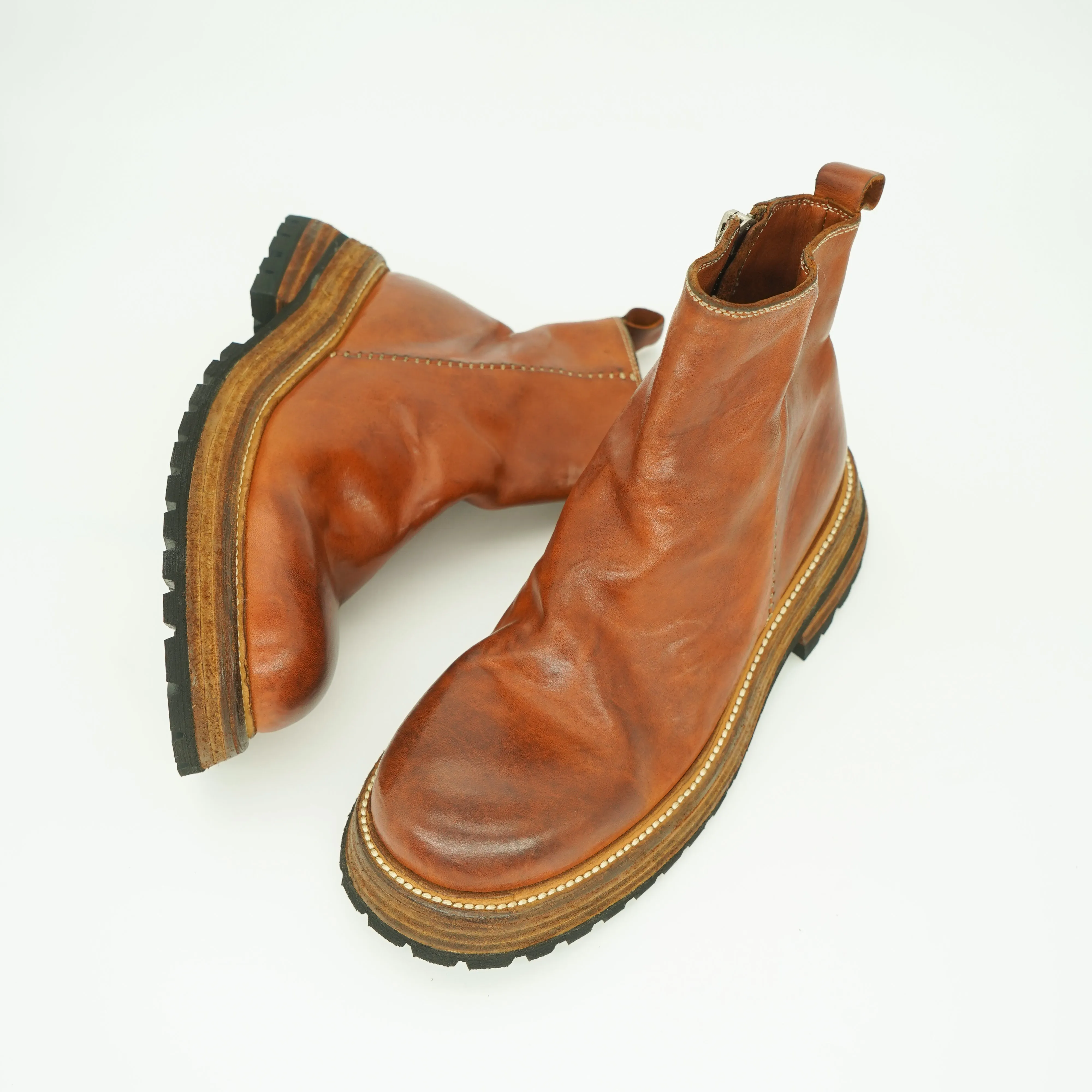 Horse Leather Chelsea Boots Leather Sole Short Boots For Women Side Zip In Brown/Coffee