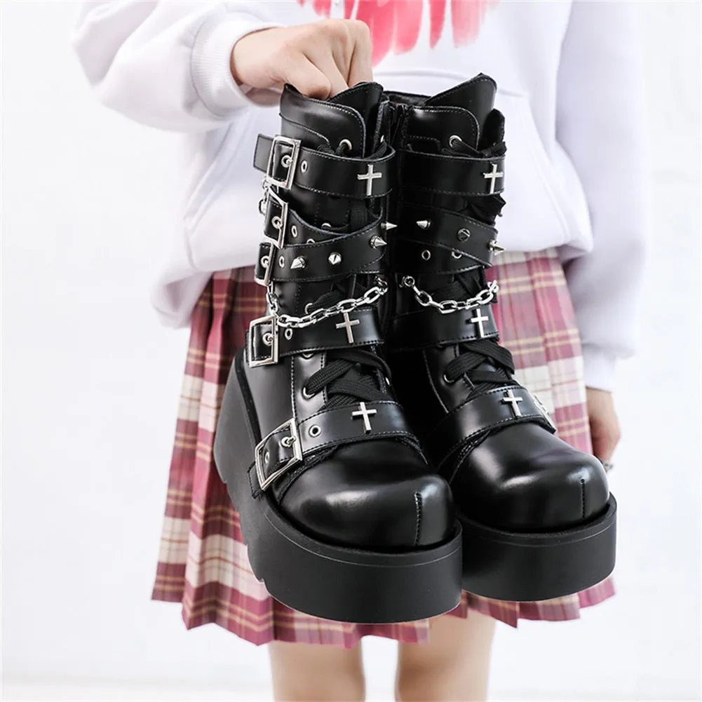 Joskaa  Gothic Style Platform Vampire Cosplay Women Mid-calf Boots 2024 Winter Wedges Comfy Women Motorcycle Boots Shoes