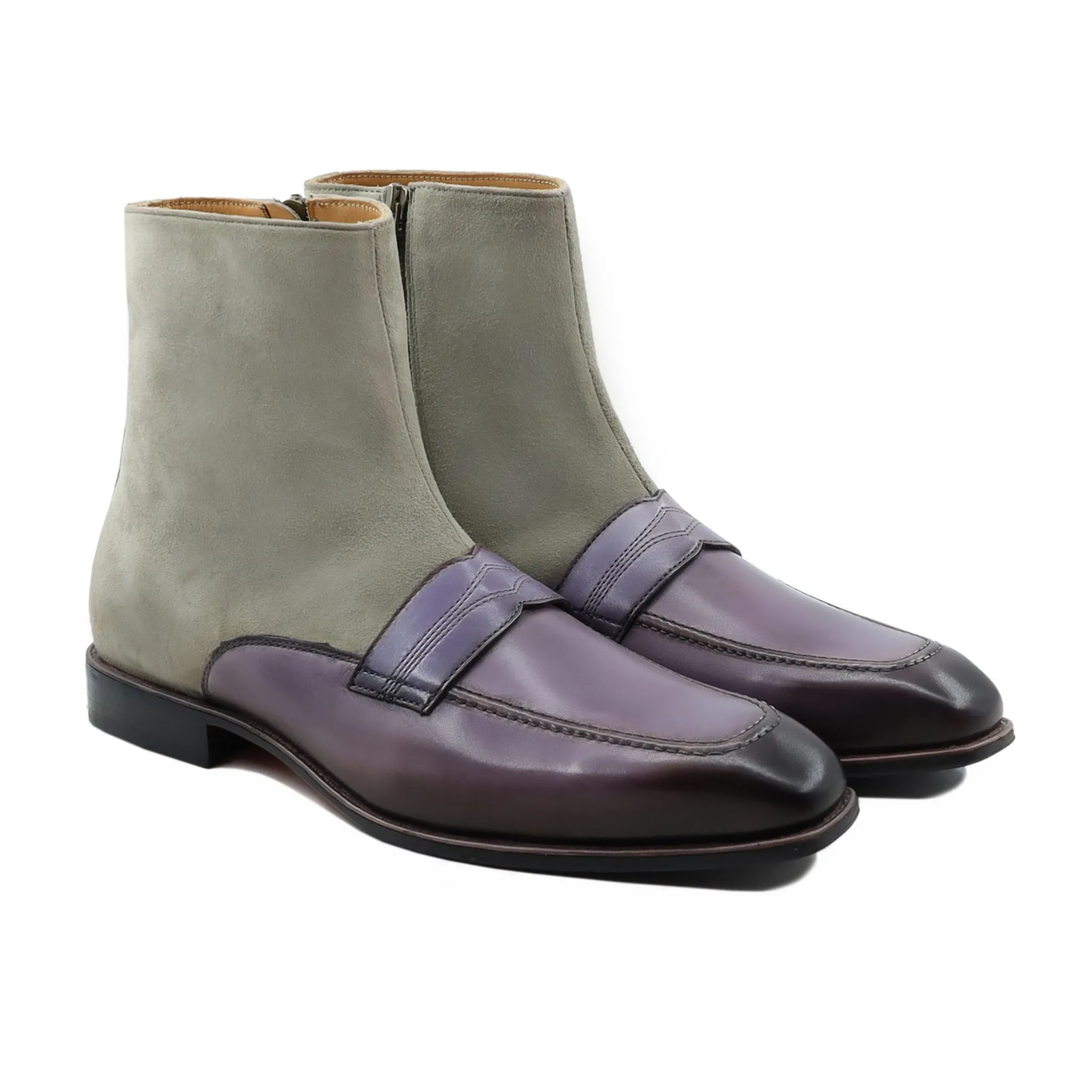 Kansas - Men's Burnished Purple Calf Leather and Steel Grey Kid Suede Chelsea Boot