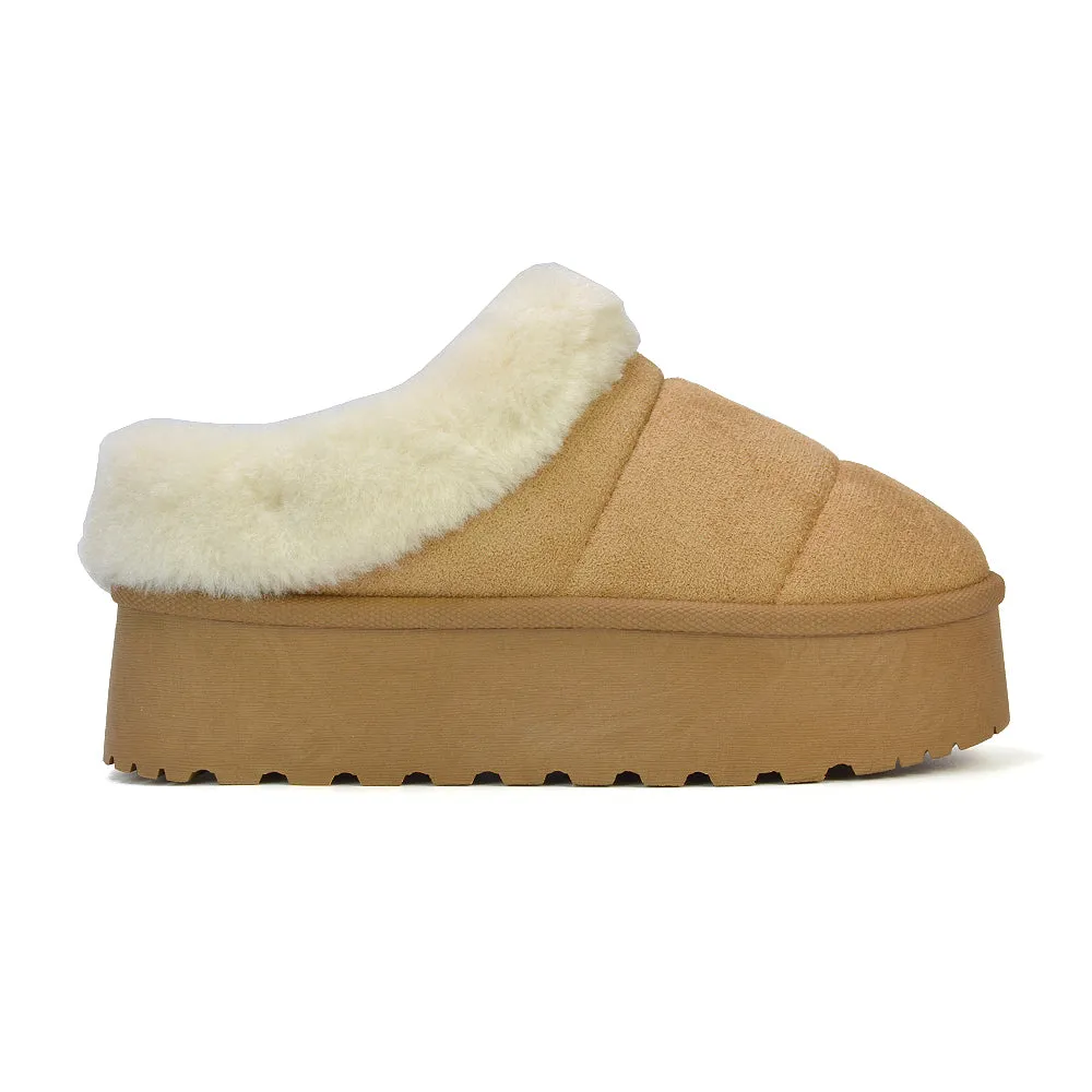 Laylin Faux Fur Platform Slipper Micro Ultra Mini Boots In Sand