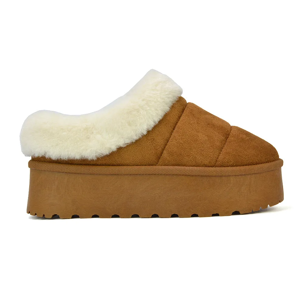 Laylin Faux Fur Platform Slipper Micro Ultra Mini Boots In Sand