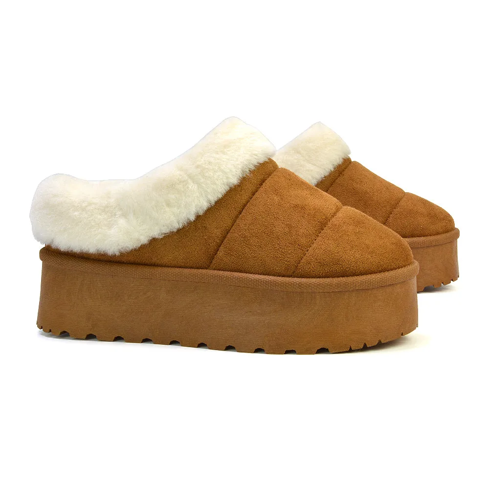 Laylin Faux Fur Platform Slipper Micro Ultra Mini Boots In Sand