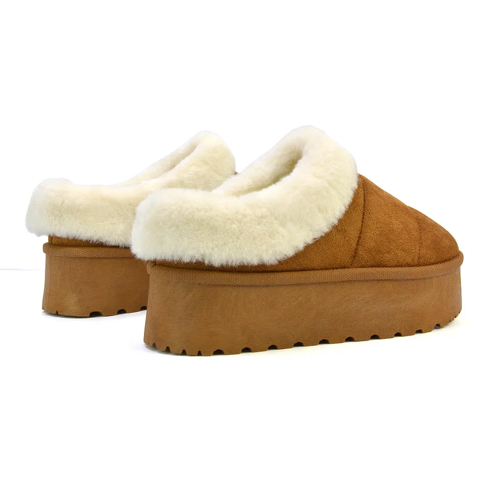 Laylin Faux Fur Platform Slipper Micro Ultra Mini Boots In Sand