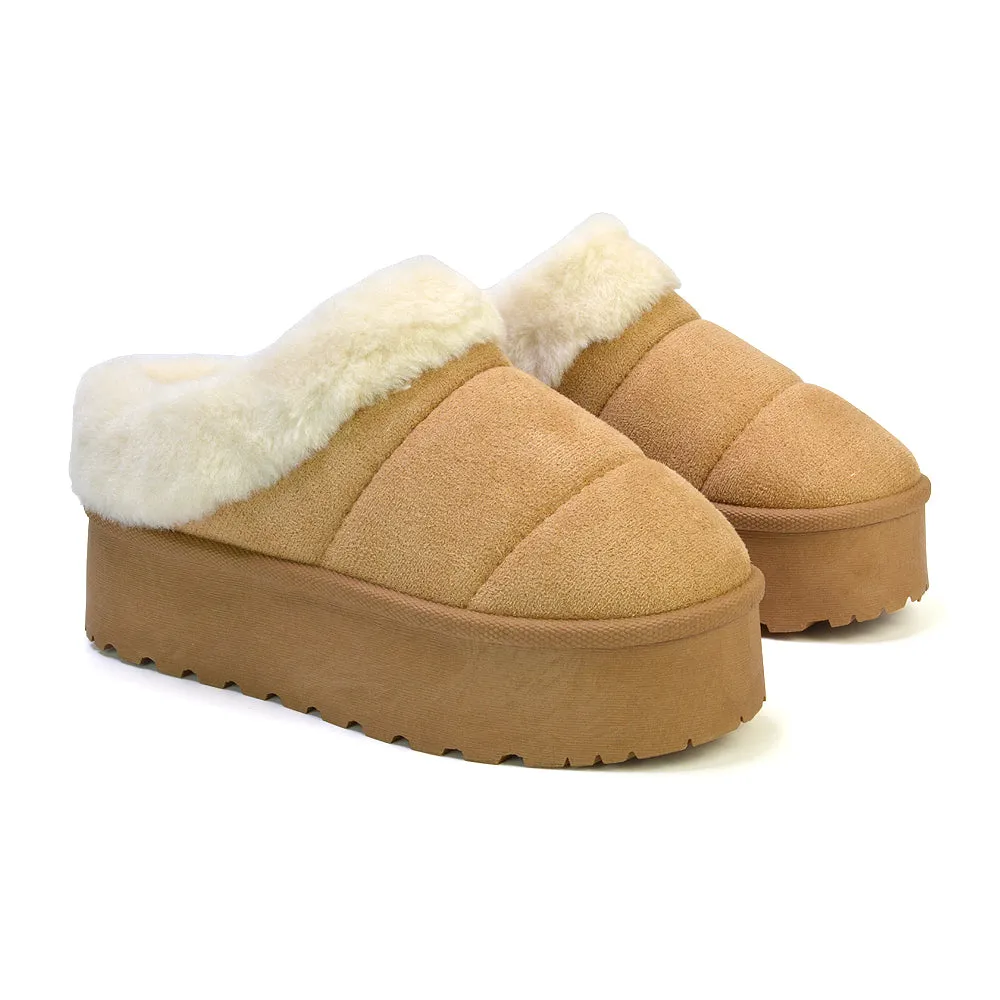 Laylin Faux Fur Platform Slipper Micro Ultra Mini Boots In Sand