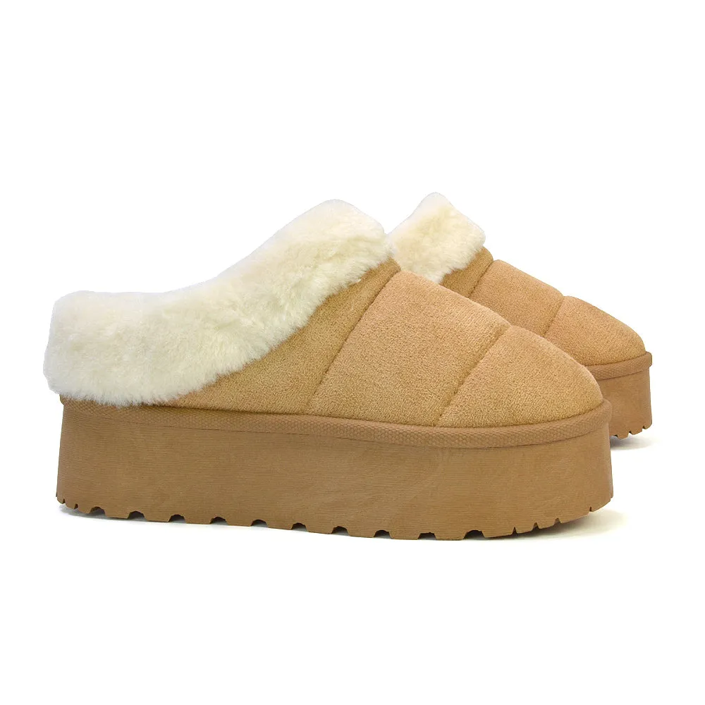 Laylin Faux Fur Platform Slipper Micro Ultra Mini Boots In Sand