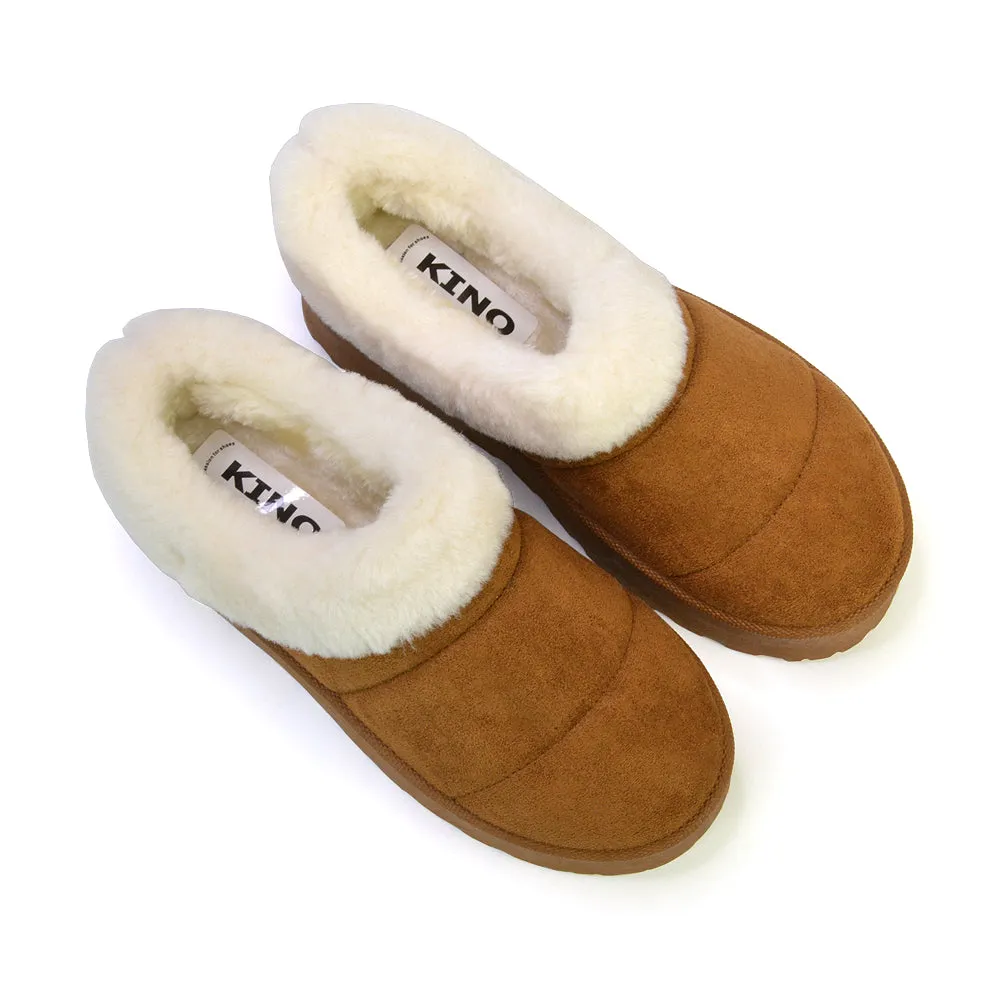 Laylin Faux Fur Platform Slipper Micro Ultra Mini Boots In Sand