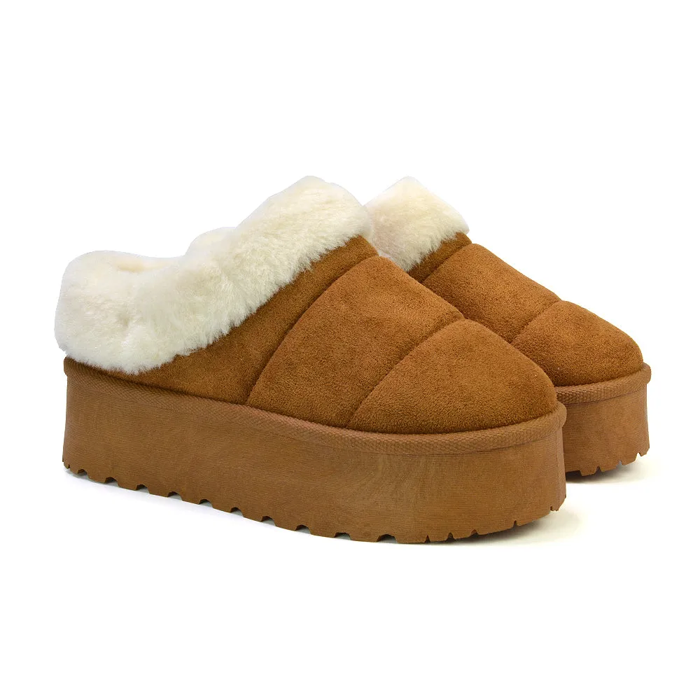Laylin Faux Fur Platform Slipper Micro Ultra Mini Boots In Sand