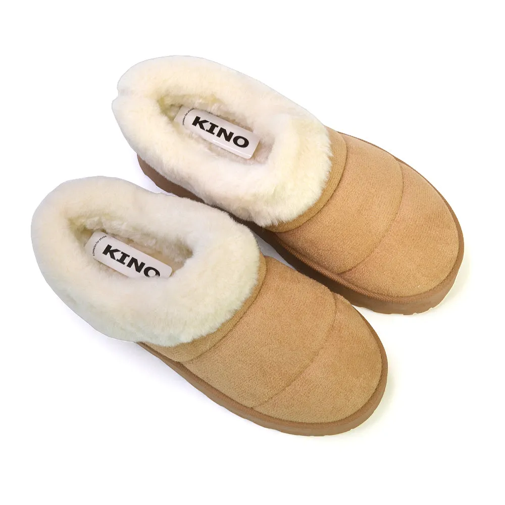 Laylin Faux Fur Platform Slipper Micro Ultra Mini Boots In Sand