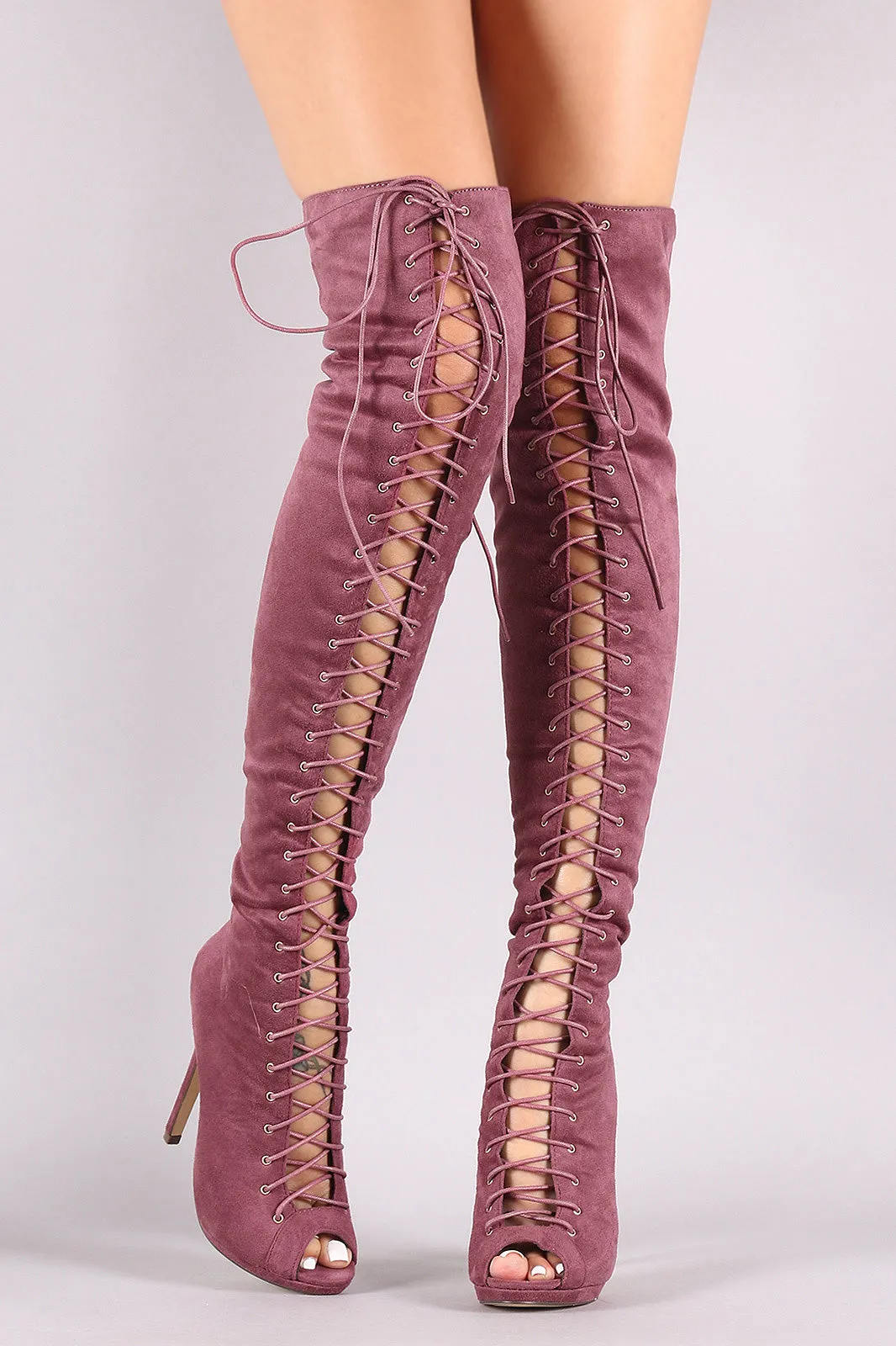 Liliana Suede Lace Up Stiletto Heeled Over-The-Knee Boots