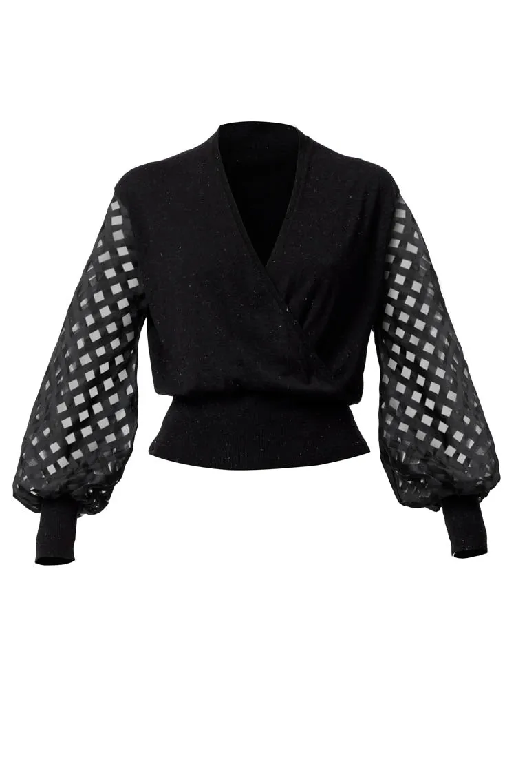 Lyra Cross Front Knit Top w Check Sleeve