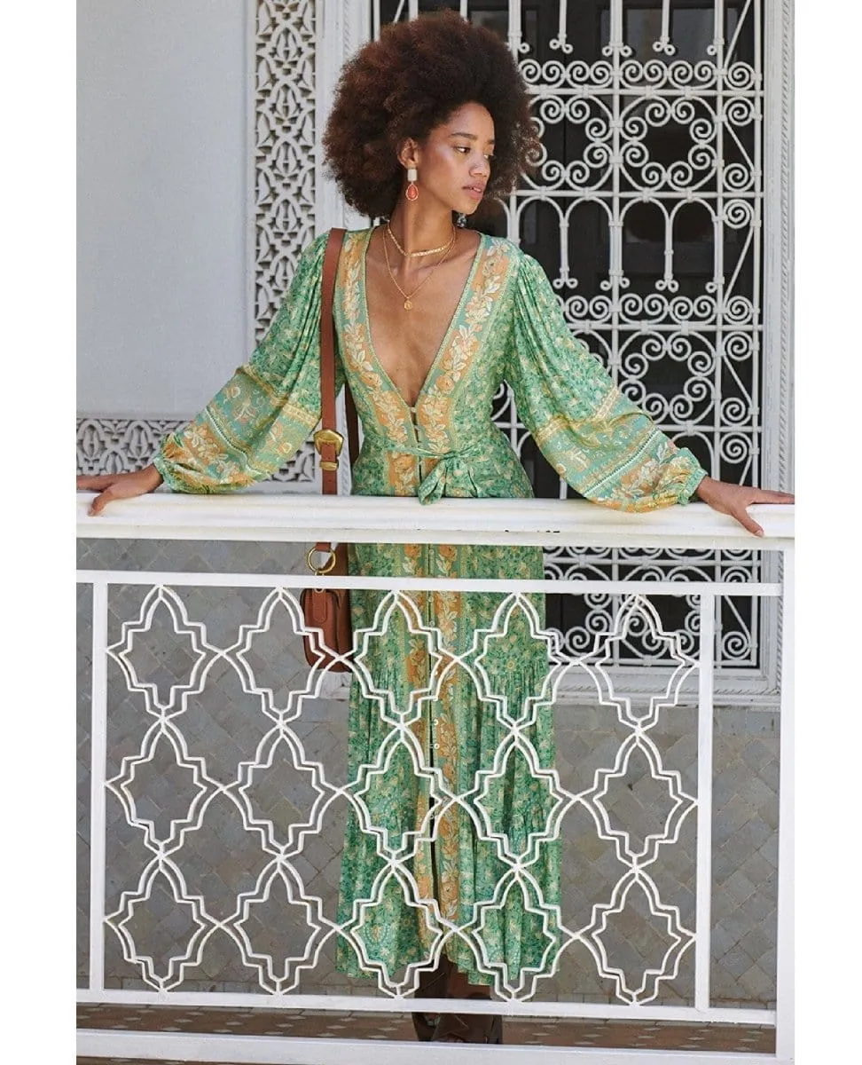 Madame Peacock Button Through Gown Emerald
