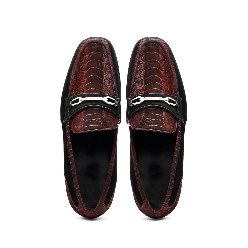 Marco Di Milano Hugo Men's Shoes Wine & Black Suede / Ostrich Leg Horsebit Loafers (MDM1056)