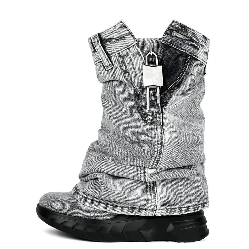 Merendy Nima Retro Mid Calf Western black and blue Denim platform ankle boots
