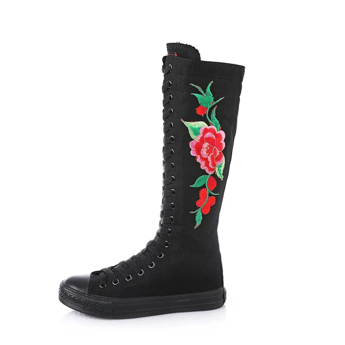 Merendy Pure white Lace-up Canvas Embroidered knee High Boots