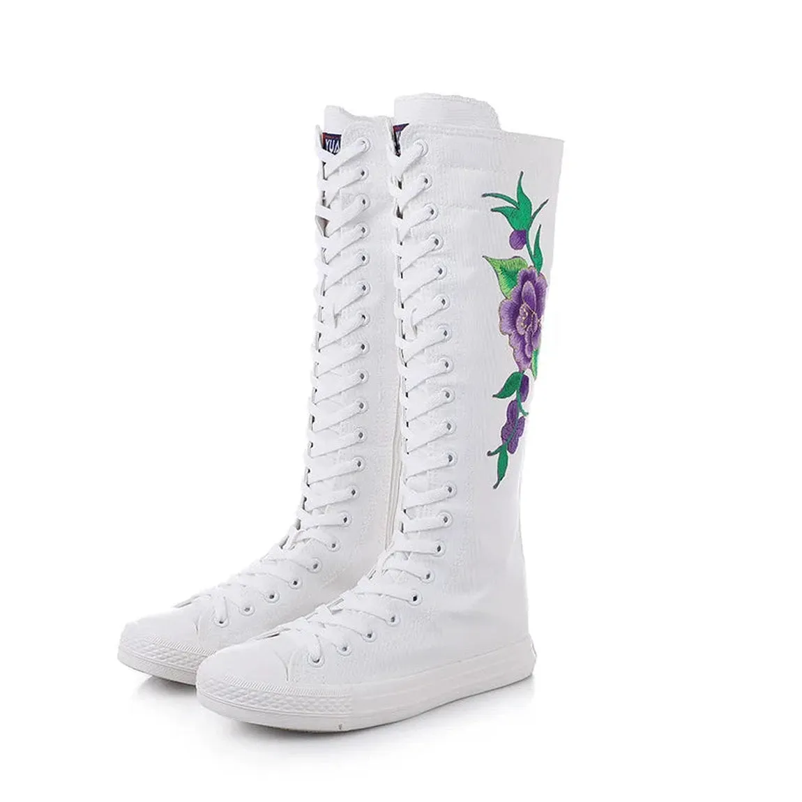 Merendy Pure white Lace-up Canvas Embroidered knee High Boots