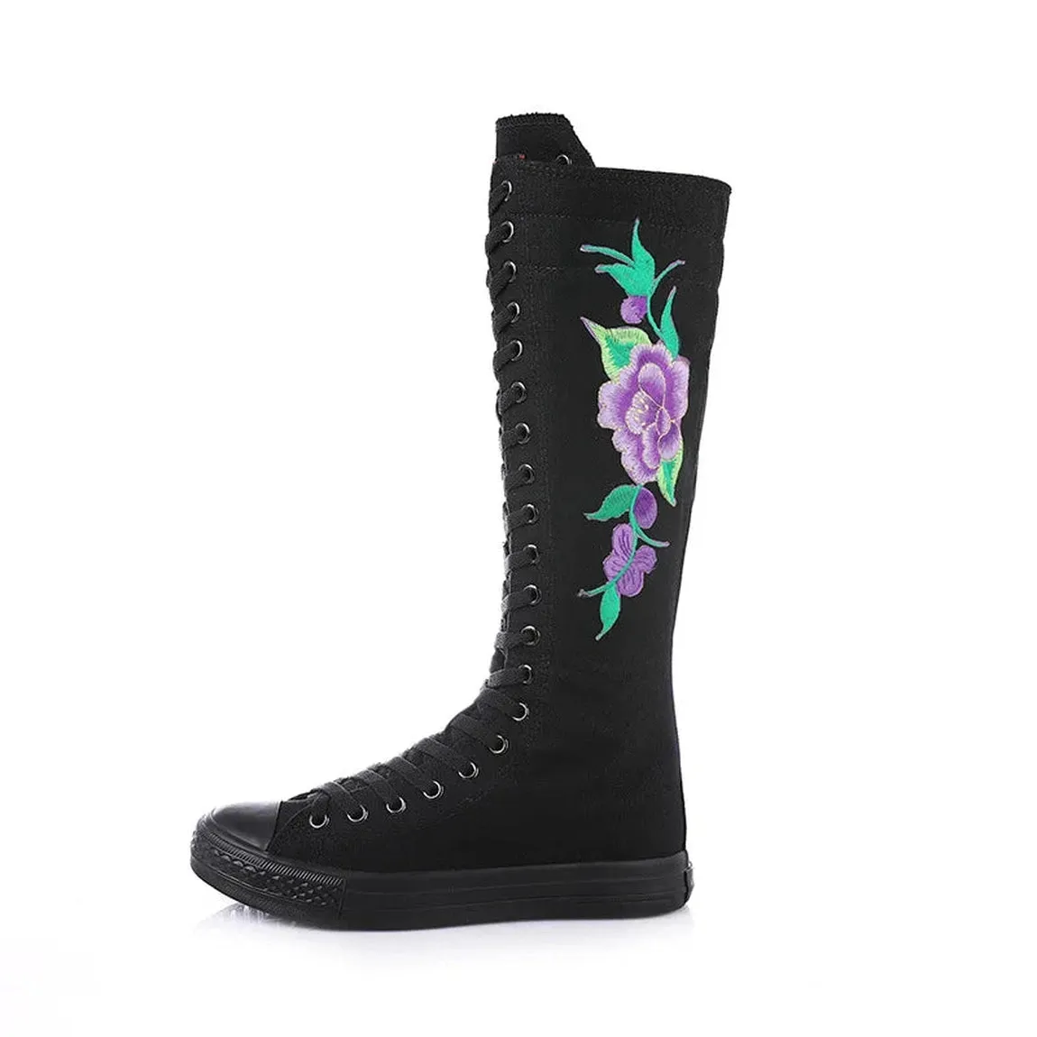 Merendy Pure white Lace-up Canvas Embroidered knee High Boots