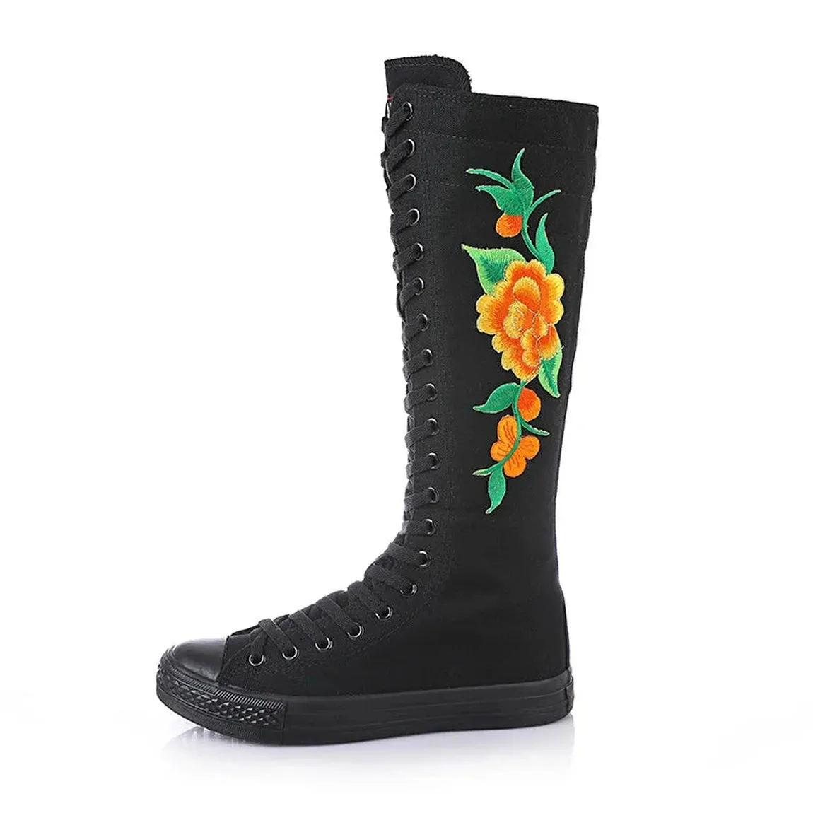 Merendy Pure white Lace-up Canvas Embroidered knee High Boots