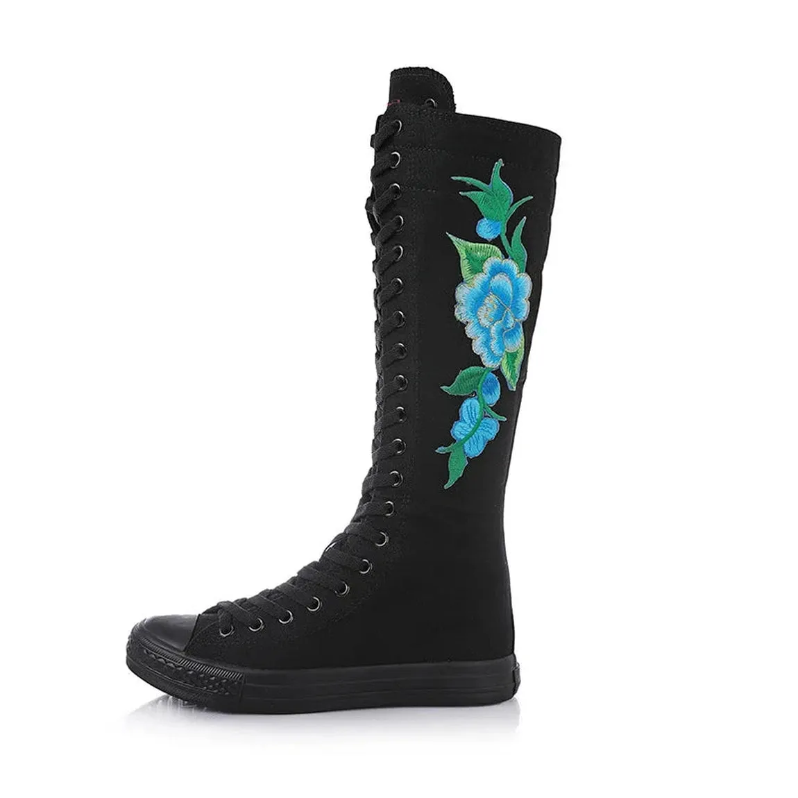 Merendy Pure white Lace-up Canvas Embroidered knee High Boots