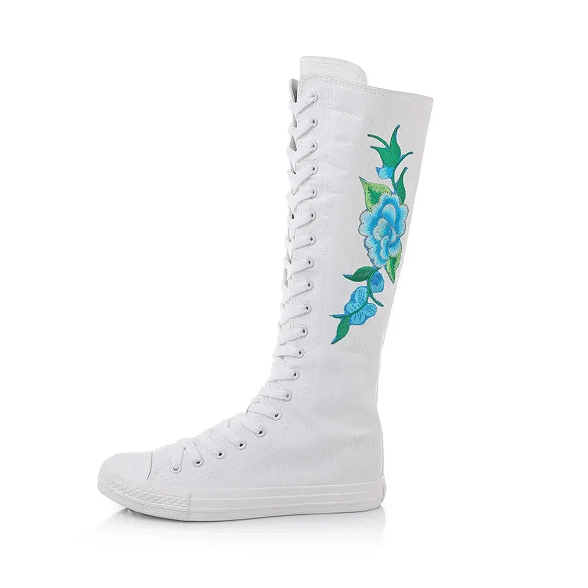 Merendy Pure white Lace-up Canvas Embroidered knee High Boots