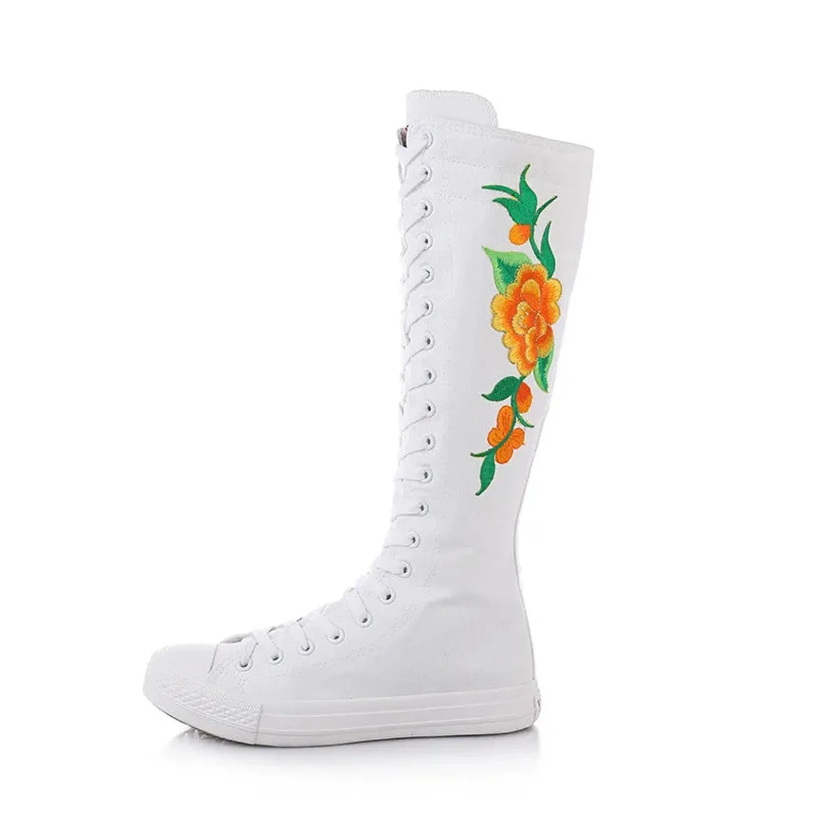Merendy Pure white Lace-up Canvas Embroidered knee High Boots
