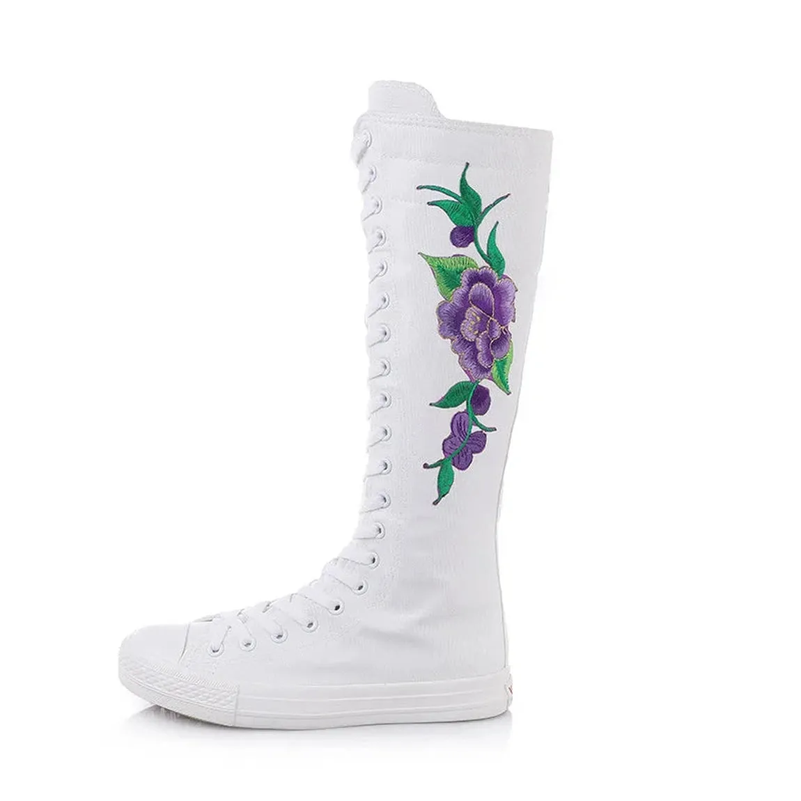Merendy Pure white Lace-up Canvas Embroidered knee High Boots