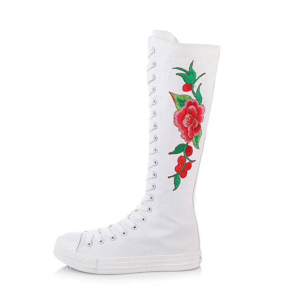 Merendy Pure white Lace-up Canvas Embroidered knee High Boots