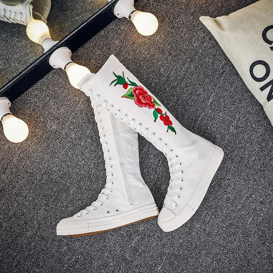 Merendy Pure white Lace-up Canvas Embroidered knee High Boots