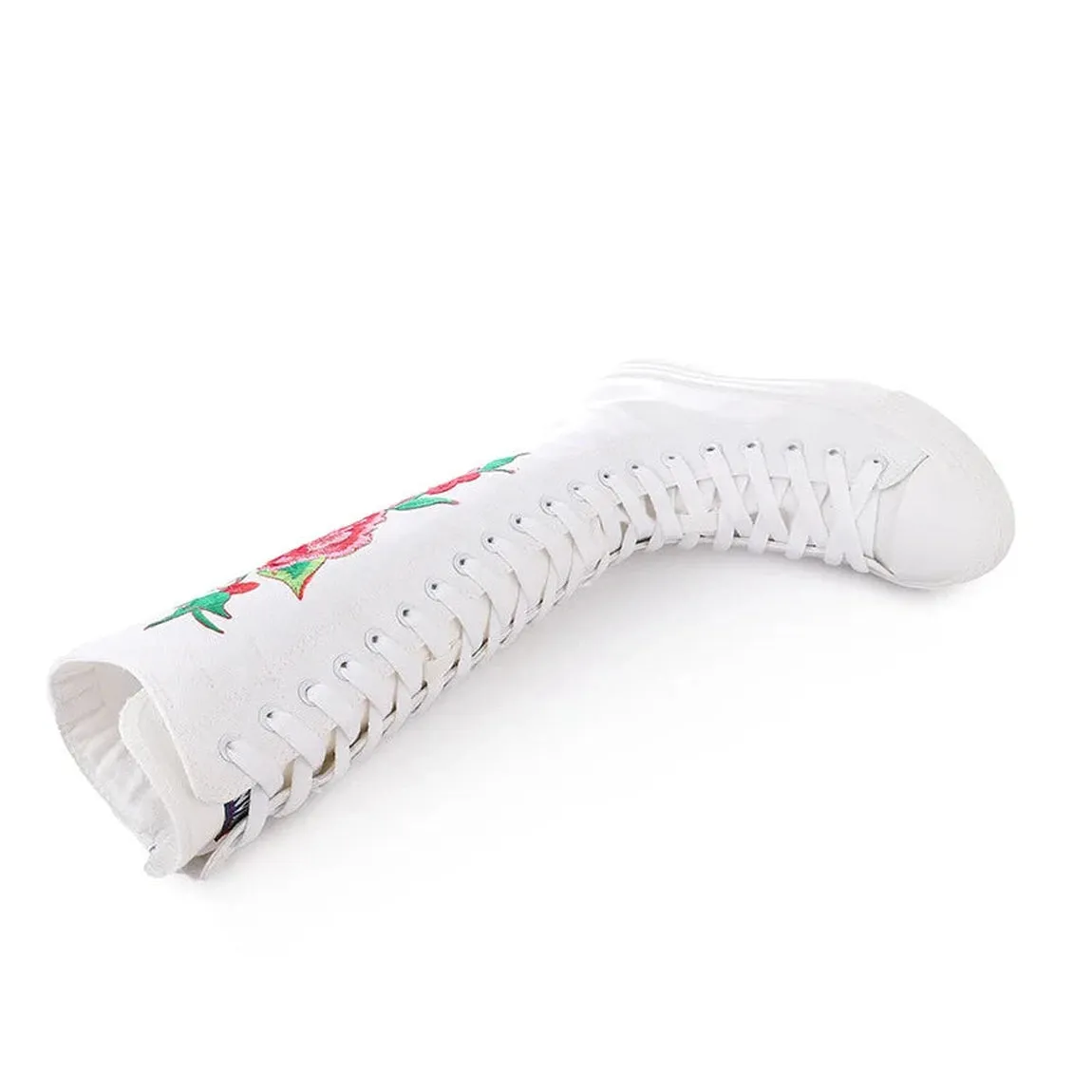 Merendy Pure white Lace-up Canvas Embroidered knee High Boots