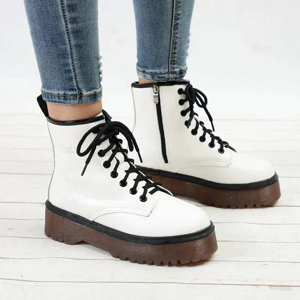 Merendy Sahra Round Toe Platform Lace-Up White Victorian Boots