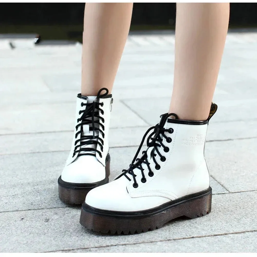 Merendy Sahra Round Toe Platform Lace-Up White Victorian Boots