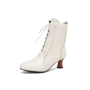 Merendy Samira round toe lace-up square heel white Victorian boots