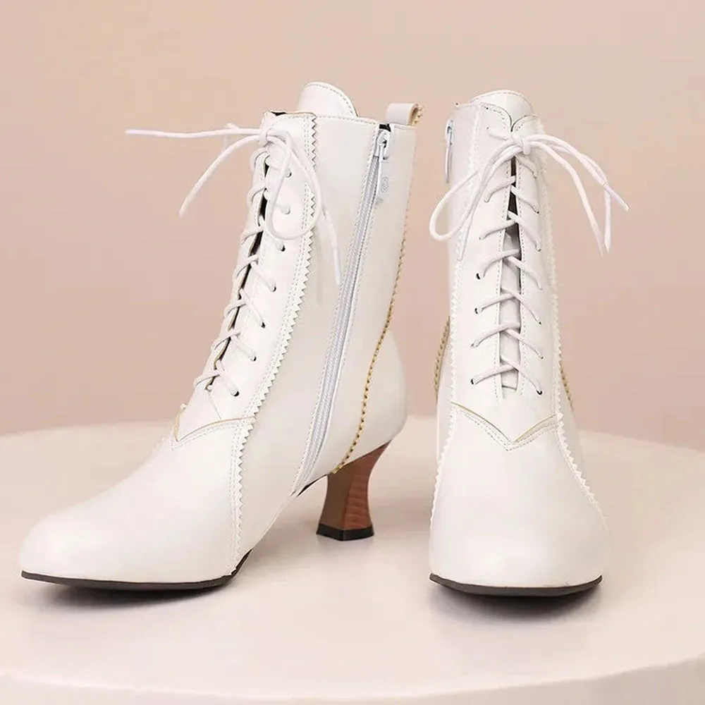 Merendy Samira round toe lace-up square heel white Victorian boots