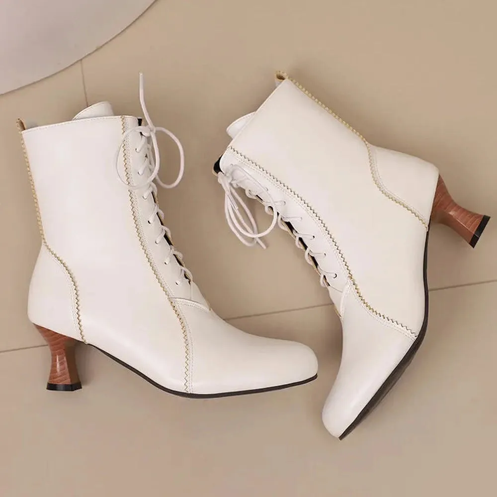 Merendy Samira round toe lace-up square heel white Victorian boots